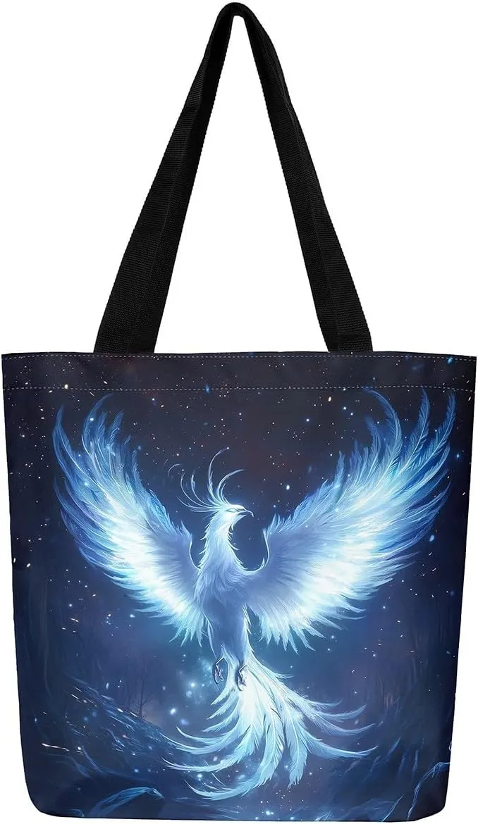 Castle Fairy Dragon Phoenix Canvas Tote Bag 19.7x5.1 Inch Animal Decor Shoulder Handbags for Shopping Gym
