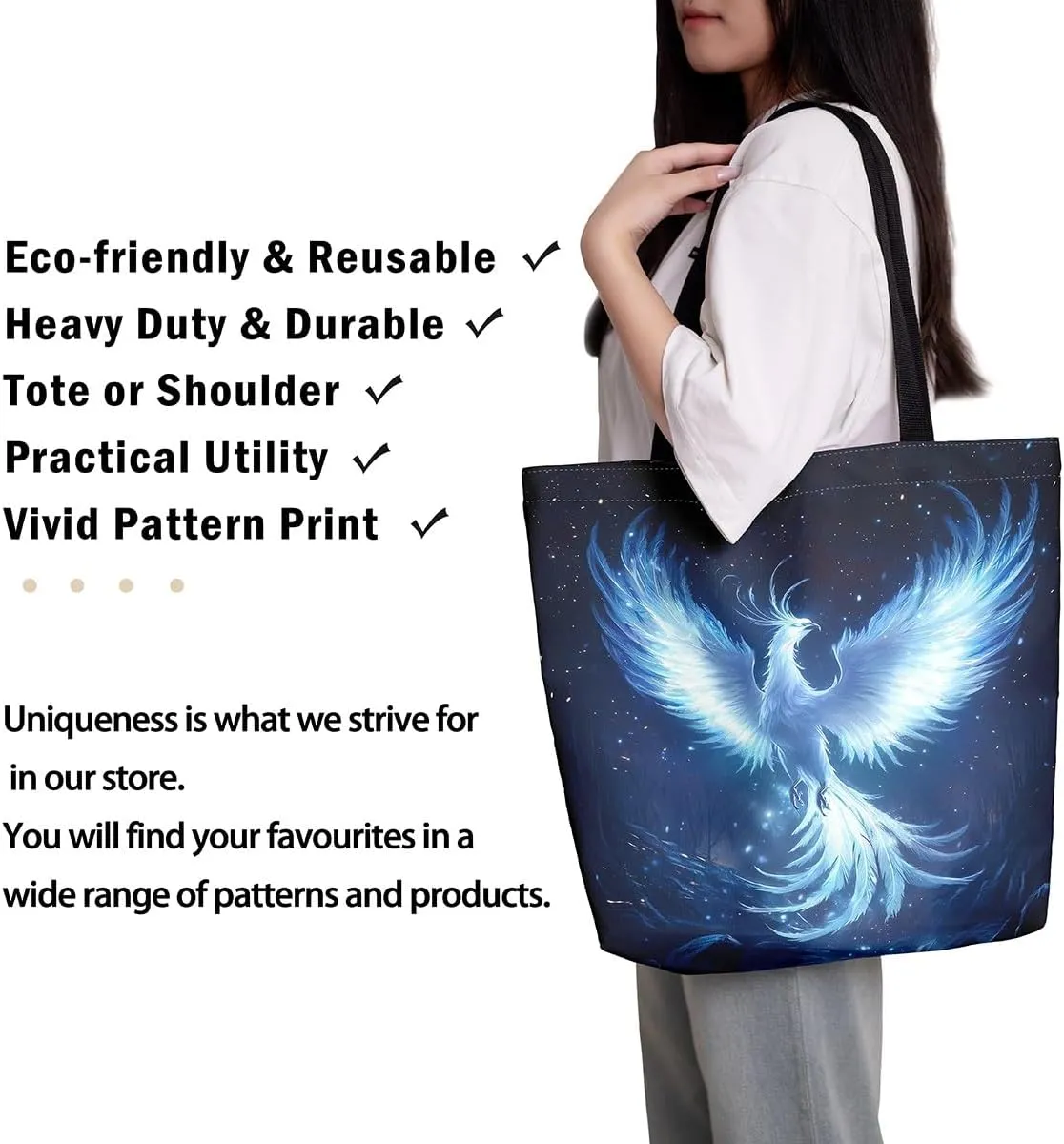 Castle Fairy Dragon Phoenix Canvas Tote Bag 19.7x5.1 Inch Animal Decor Shoulder Handbags for Shopping Gym