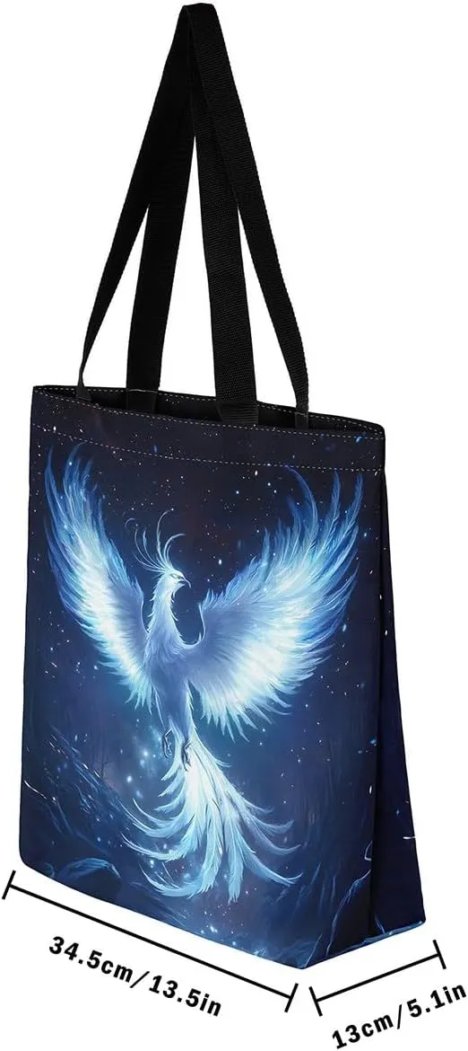 Castle Fairy Dragon Phoenix Canvas Tote Bag 19.7x5.1 Inch Animal Decor Shoulder Handbags for Shopping Gym