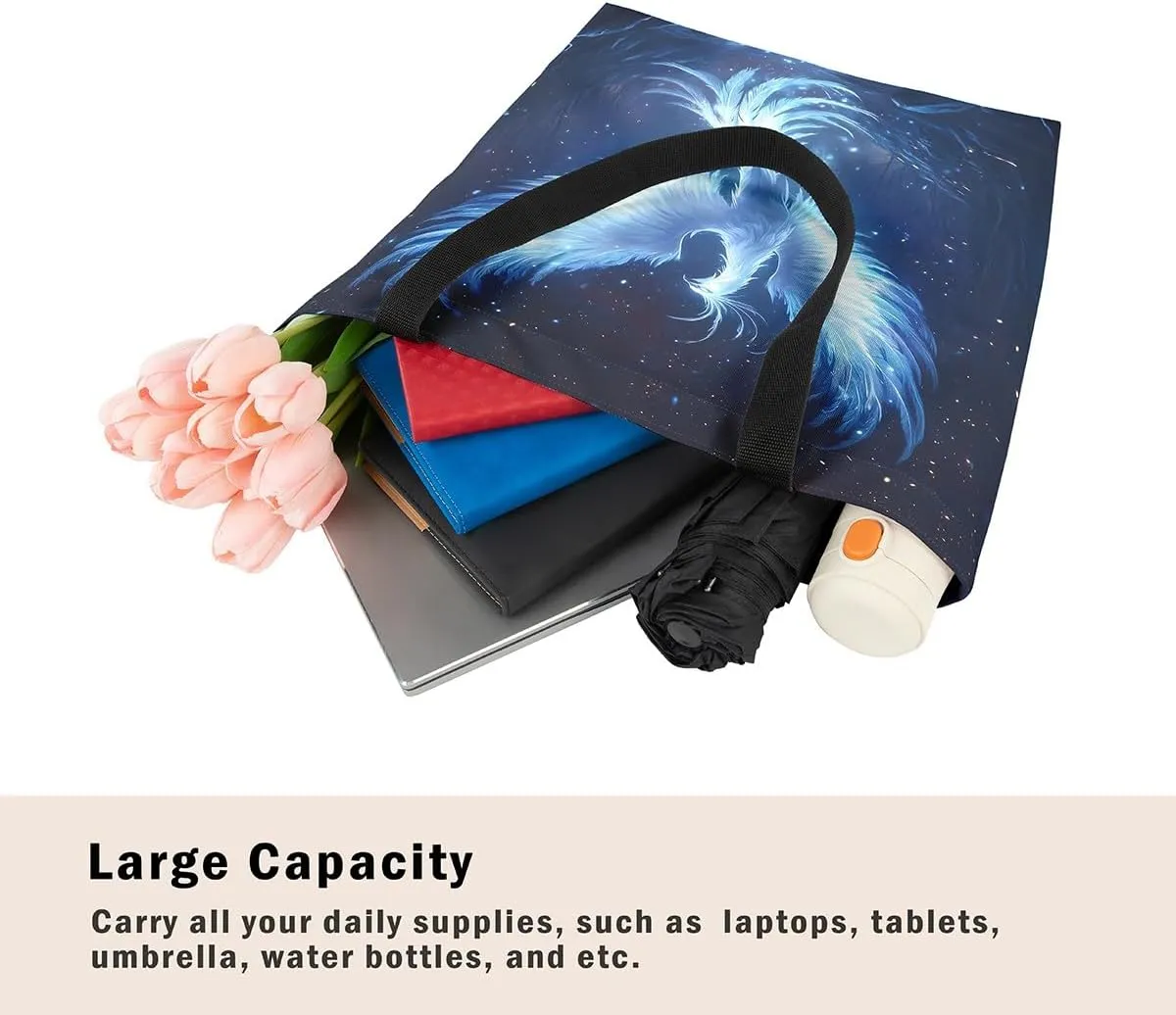 Castle Fairy Dragon Phoenix Canvas Tote Bag 19.7x5.1 Inch Animal Decor Shoulder Handbags for Shopping Gym