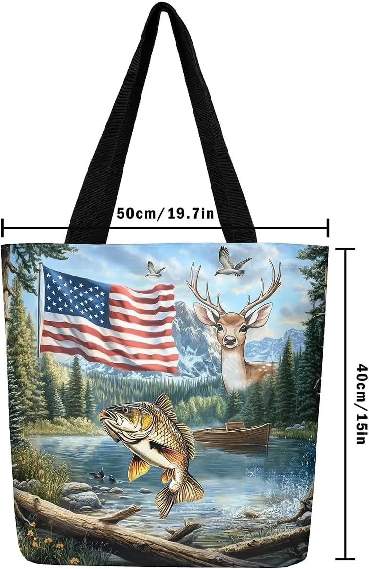 Castle Fairy Hunting Animal Theme Canvas Tote Bag,Rustic Farmhouse Large Capacity Shoulder Handbags,Shopping Grocery Bags