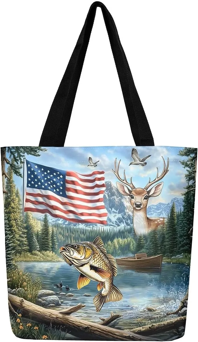 Castle Fairy Hunting Animal Theme Canvas Tote Bag,Rustic Farmhouse Large Capacity Shoulder Handbags,Shopping Grocery Bags