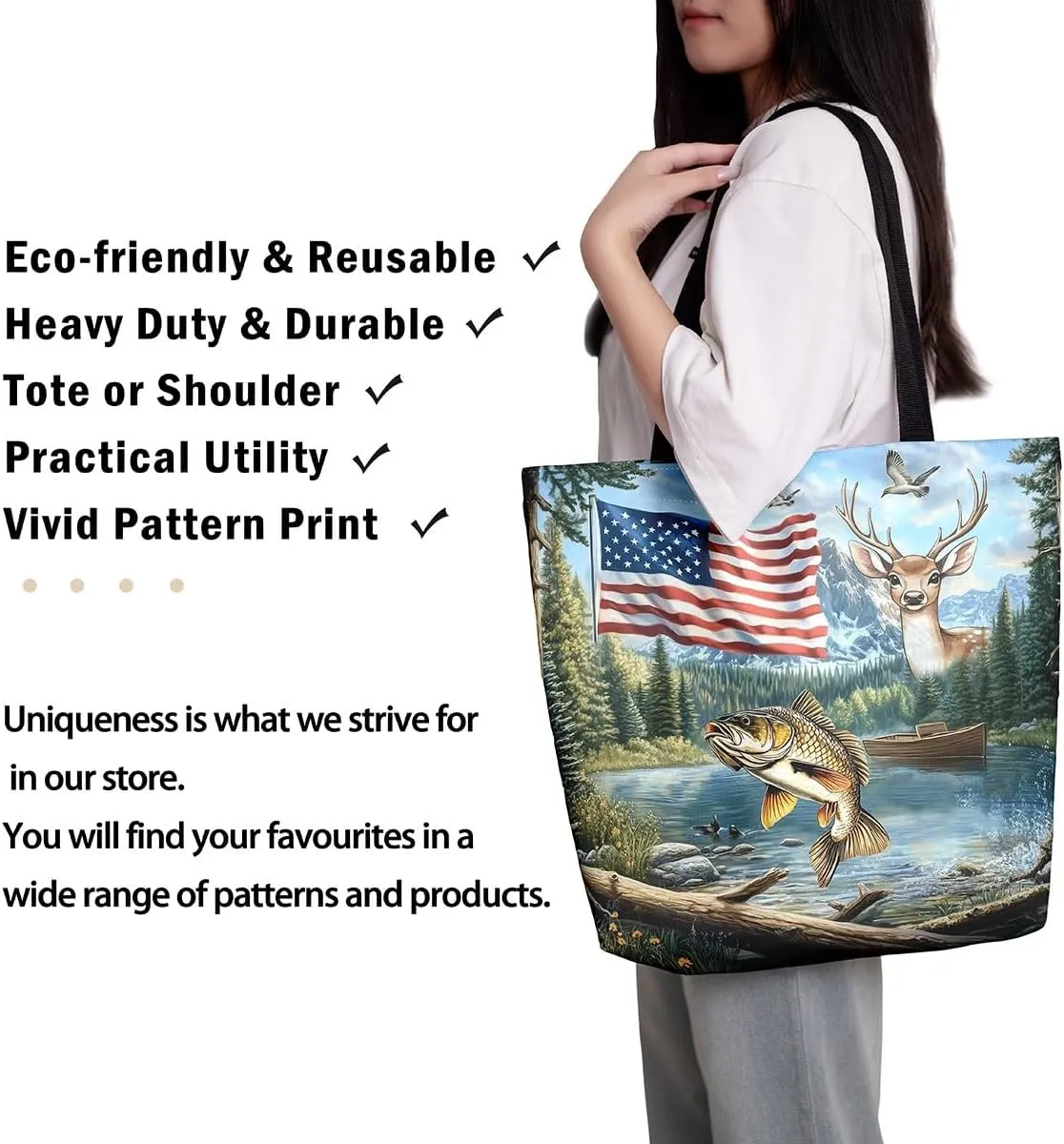 Castle Fairy Hunting Animal Theme Canvas Tote Bag,Rustic Farmhouse Large Capacity Shoulder Handbags,Shopping Grocery Bags