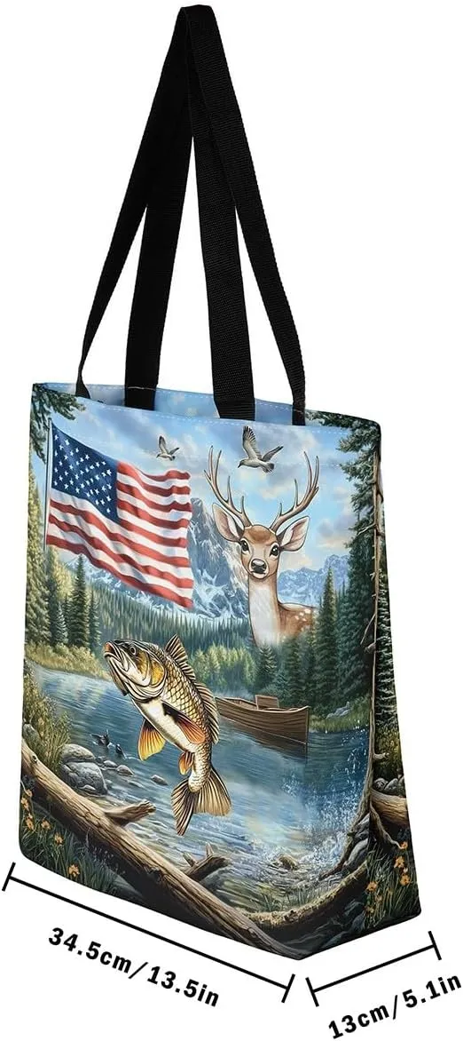 Castle Fairy Hunting Animal Theme Canvas Tote Bag,Rustic Farmhouse Large Capacity Shoulder Handbags,Shopping Grocery Bags