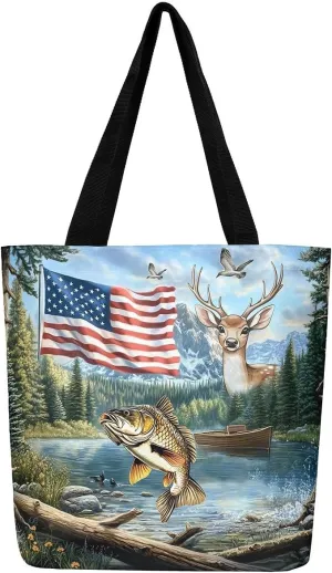 Castle Fairy Hunting Animal Theme Canvas Tote Bag,Rustic Farmhouse Large Capacity Shoulder Handbags,Shopping Grocery Bags
