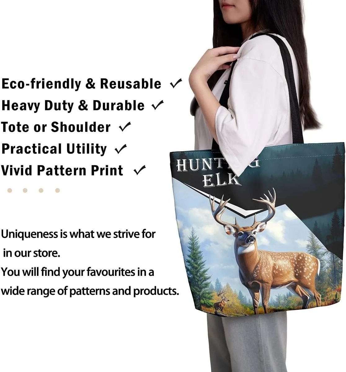 Castle Fairy Hunting Animal Theme Canvas Tote Bag,Rustic Farmhouse Large Capacity Shoulder Handbags,Shopping Grocery Bags