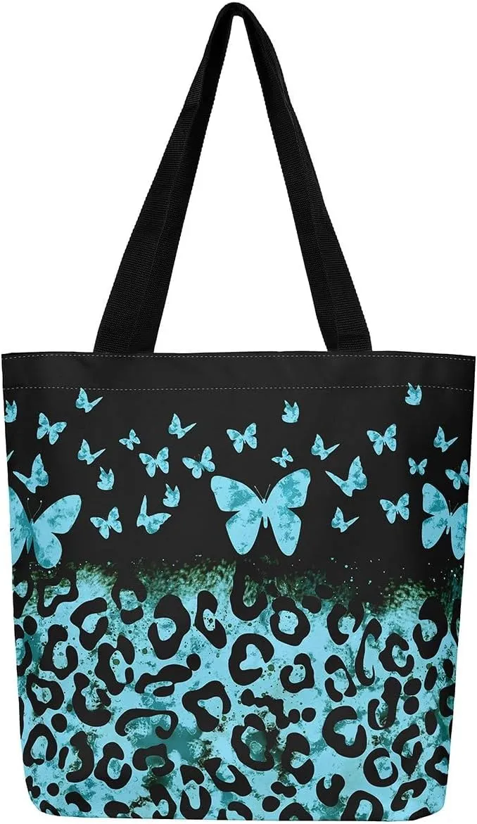 Castle Fairy Leopard Print Canvas Tote Bag,Bowknot Flower Aesthetic Shoulder Handbags for Shopping Gym
