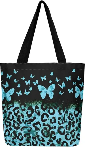 Castle Fairy Leopard Print Canvas Tote Bag,Bowknot Flower Aesthetic Shoulder Handbags for Shopping Gym