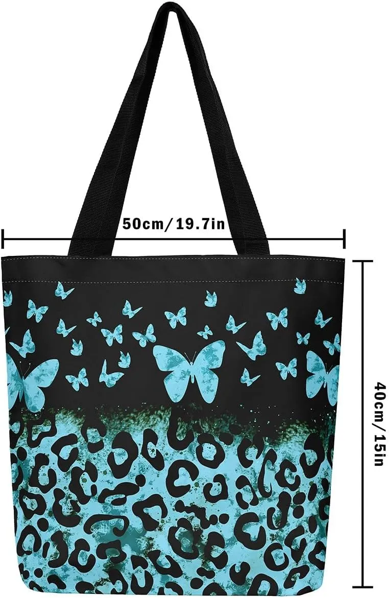 Castle Fairy Leopard Print Canvas Tote Bag,Bowknot Flower Aesthetic Shoulder Handbags for Shopping Gym