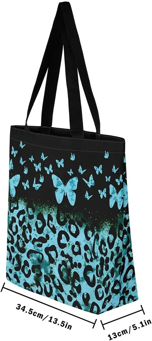 Castle Fairy Leopard Print Canvas Tote Bag,Bowknot Flower Aesthetic Shoulder Handbags for Shopping Gym