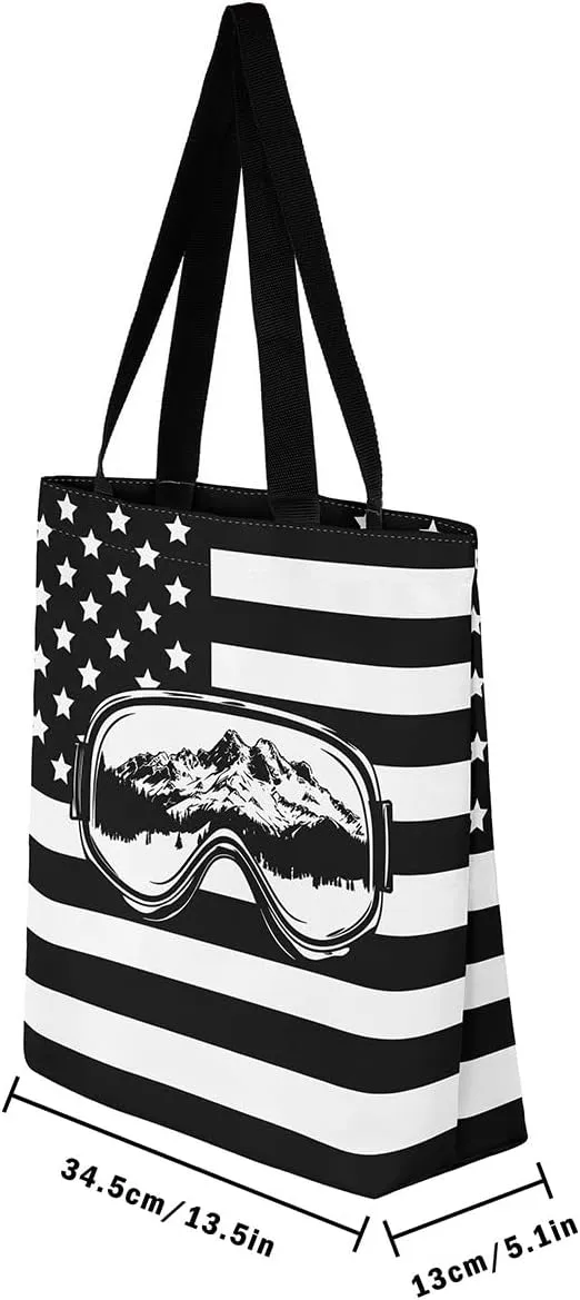 Castle Fairy Skiing Canvas Tote Bag 19.7x5.1 Inch Winter Farmhouse Shoulder Handbags for Adults Shopping Gym