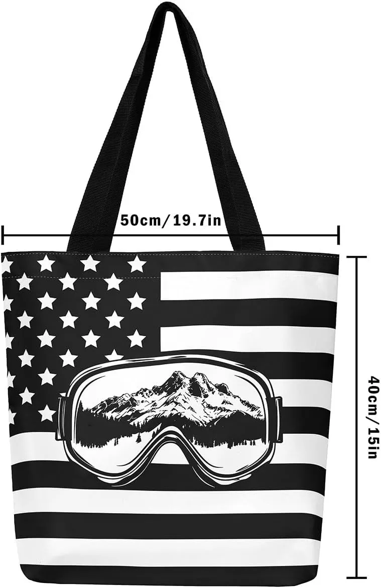 Castle Fairy Skiing Canvas Tote Bag 19.7x5.1 Inch Winter Farmhouse Shoulder Handbags for Adults Shopping Gym