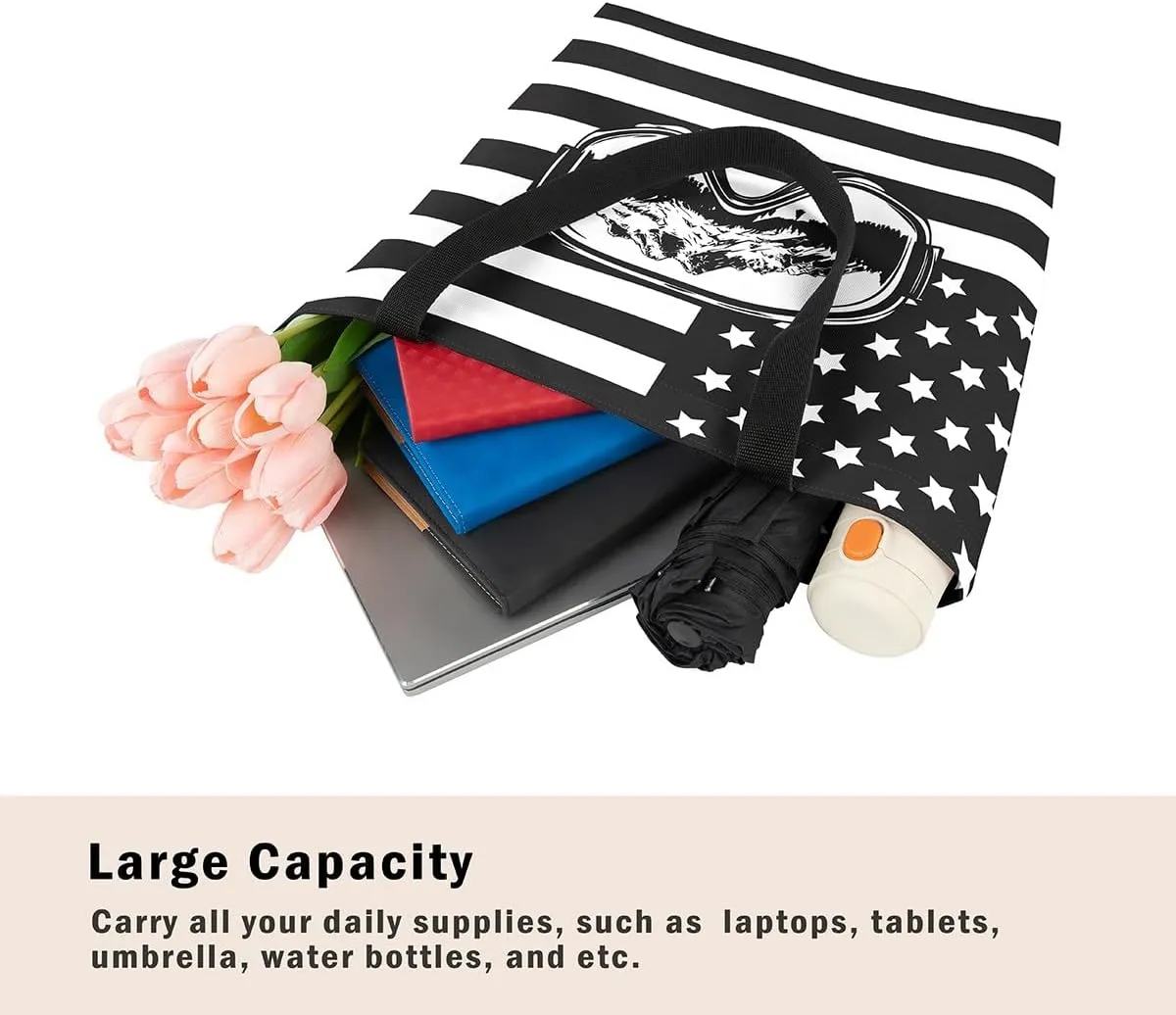 Castle Fairy Skiing Canvas Tote Bag 19.7x5.1 Inch Winter Farmhouse Shoulder Handbags for Adults Shopping Gym