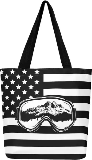 Castle Fairy Skiing Canvas Tote Bag 19.7x5.1 Inch Winter Farmhouse Shoulder Handbags for Adults Shopping Gym