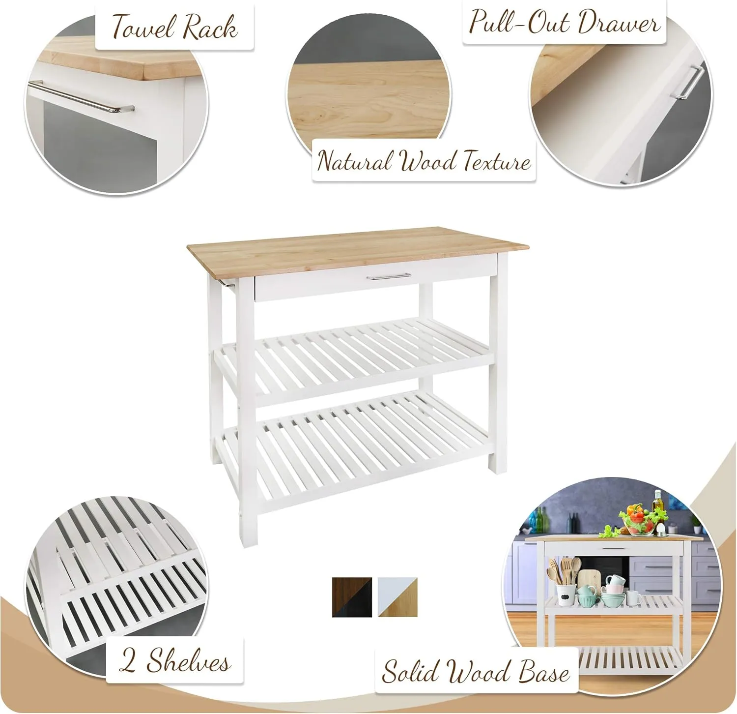 Casual Home Solid Wood Kitchen Island, Natural Maple Top, White Base (New) 40*20*36.5inch