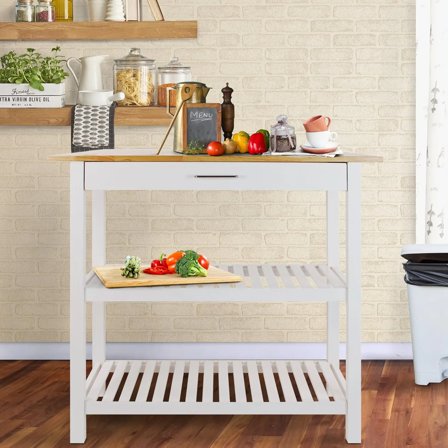 Casual Home Solid Wood Kitchen Island, Natural Maple Top, White Base (New) 40*20*36.5inch