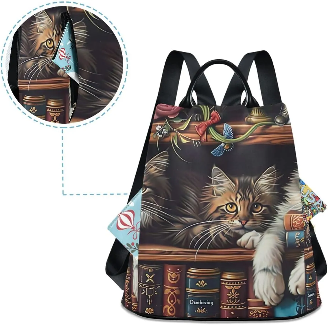 Cats on Bookshelf Anti Theft Backpack Purse for Women Fashion Travel Bags with Pompom