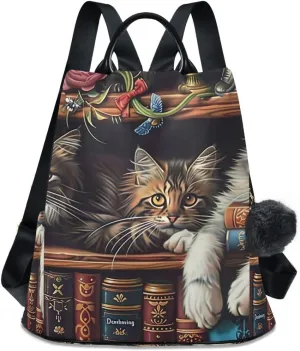 Cats on Bookshelf Anti Theft Backpack Purse for Women Fashion Travel Bags with Pompom