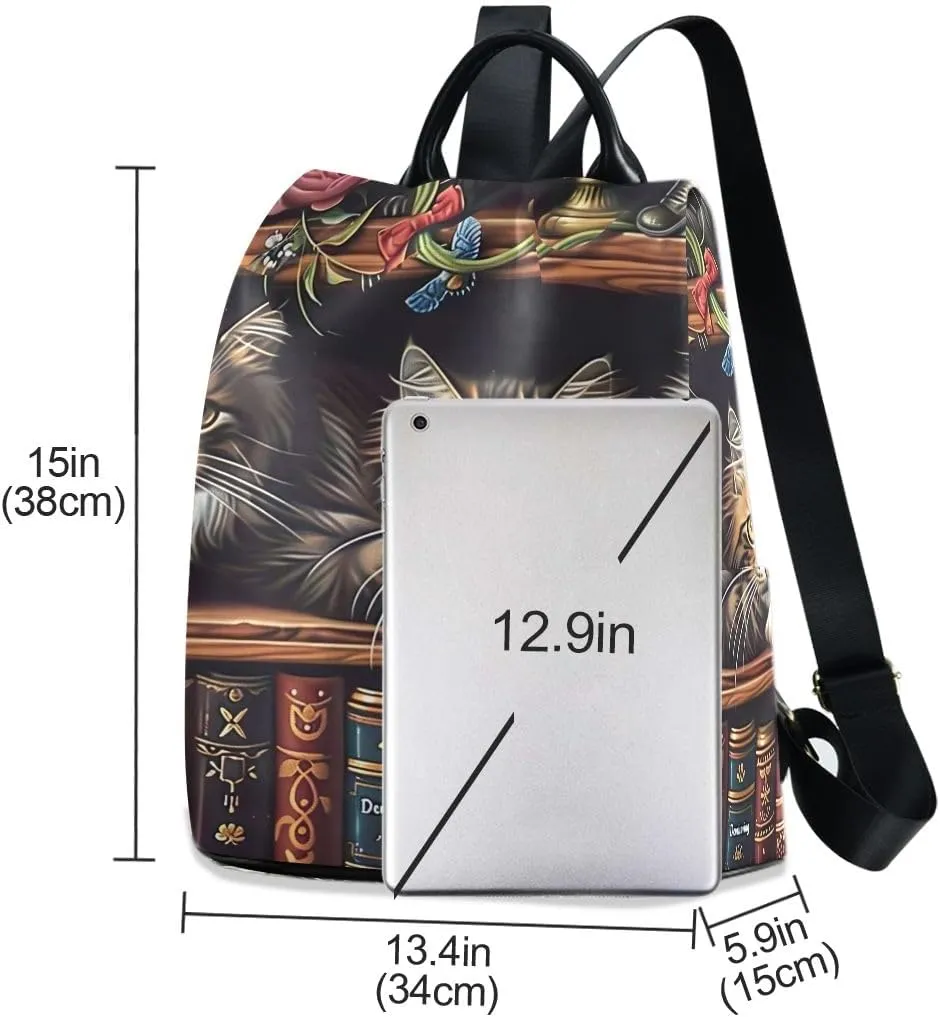 Cats on Bookshelf Anti Theft Backpack Purse for Women Fashion Travel Bags with Pompom
