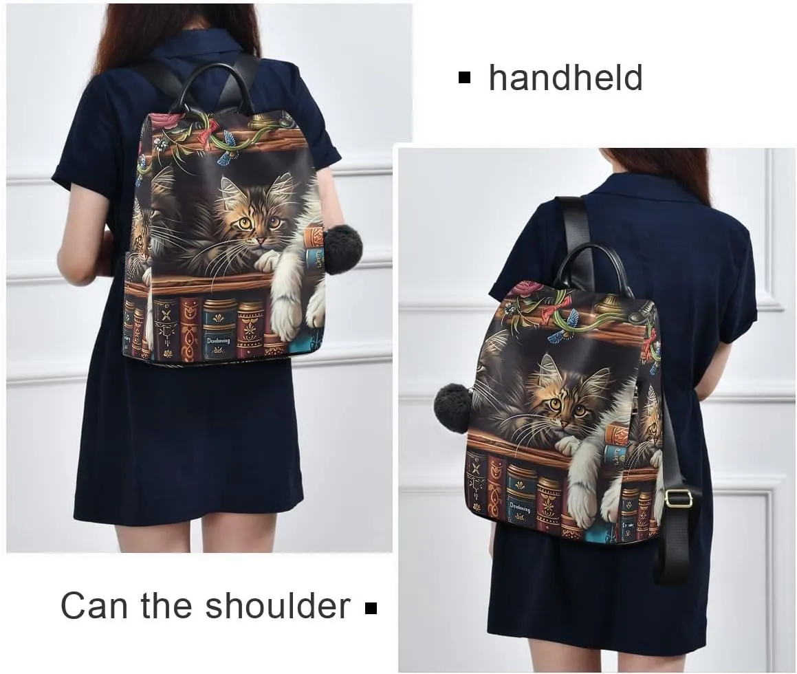Cats on Bookshelf Anti Theft Backpack Purse for Women Fashion Travel Bags with Pompom