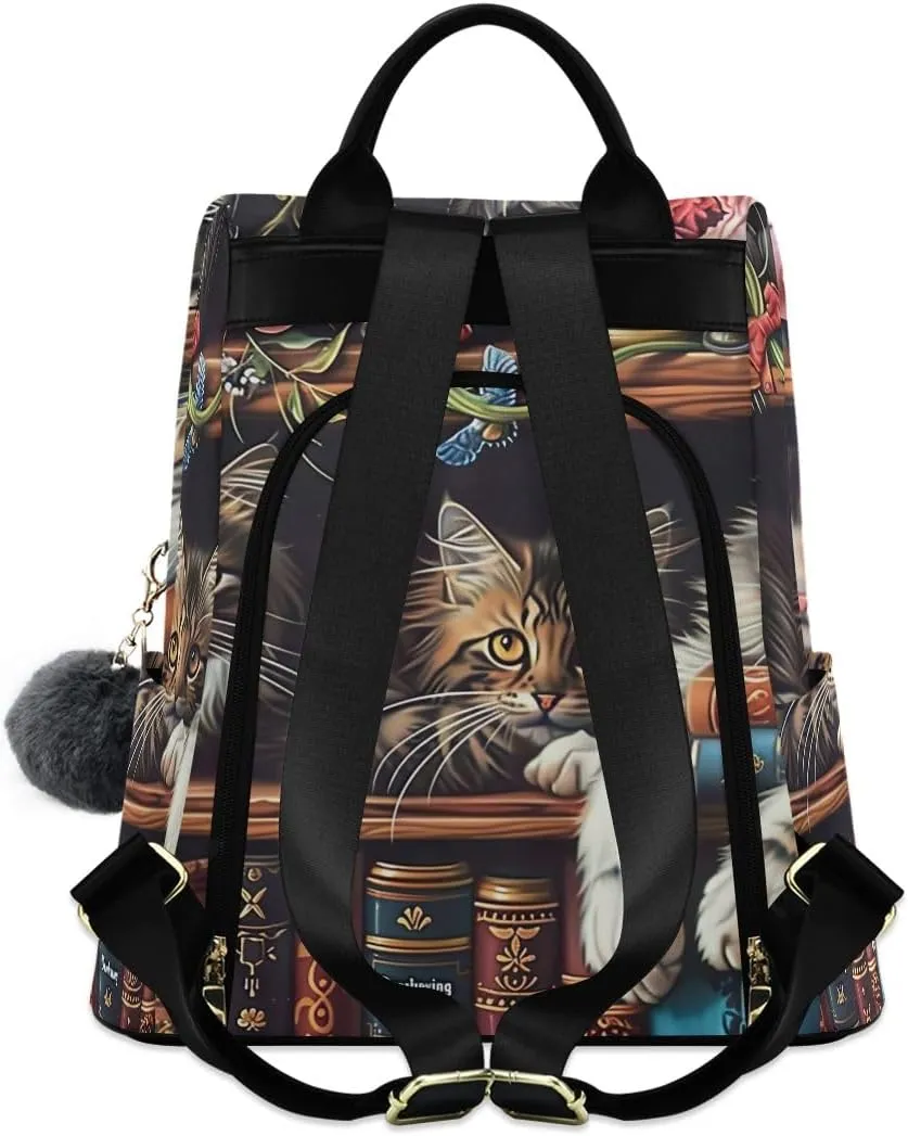 Cats on Bookshelf Anti Theft Backpack Purse for Women Fashion Travel Bags with Pompom