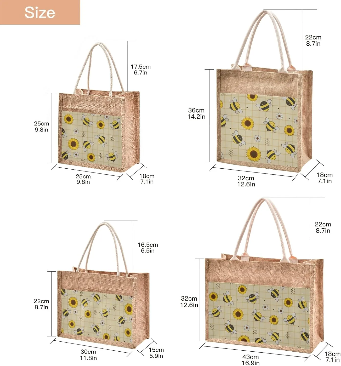 Catuku Cute Bee Sunflower Flower Jute Tote Bags with Handles & Zipper Flowers Canvas Pocket Shopping Grocery Bags for Travel Picnic 13" x 14