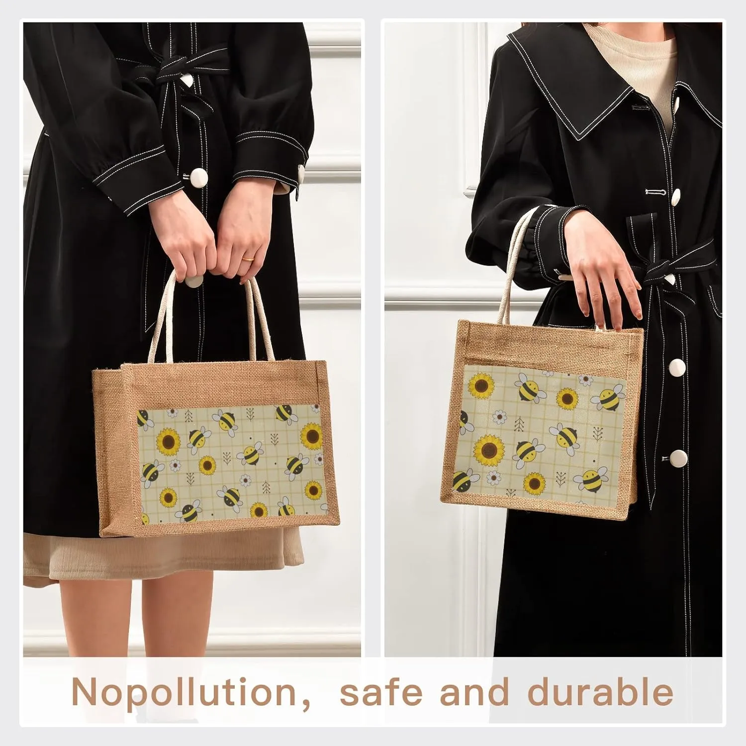 Catuku Cute Bee Sunflower Flower Jute Tote Bags with Handles & Zipper Flowers Canvas Pocket Shopping Grocery Bags for Travel Picnic 13" x 14