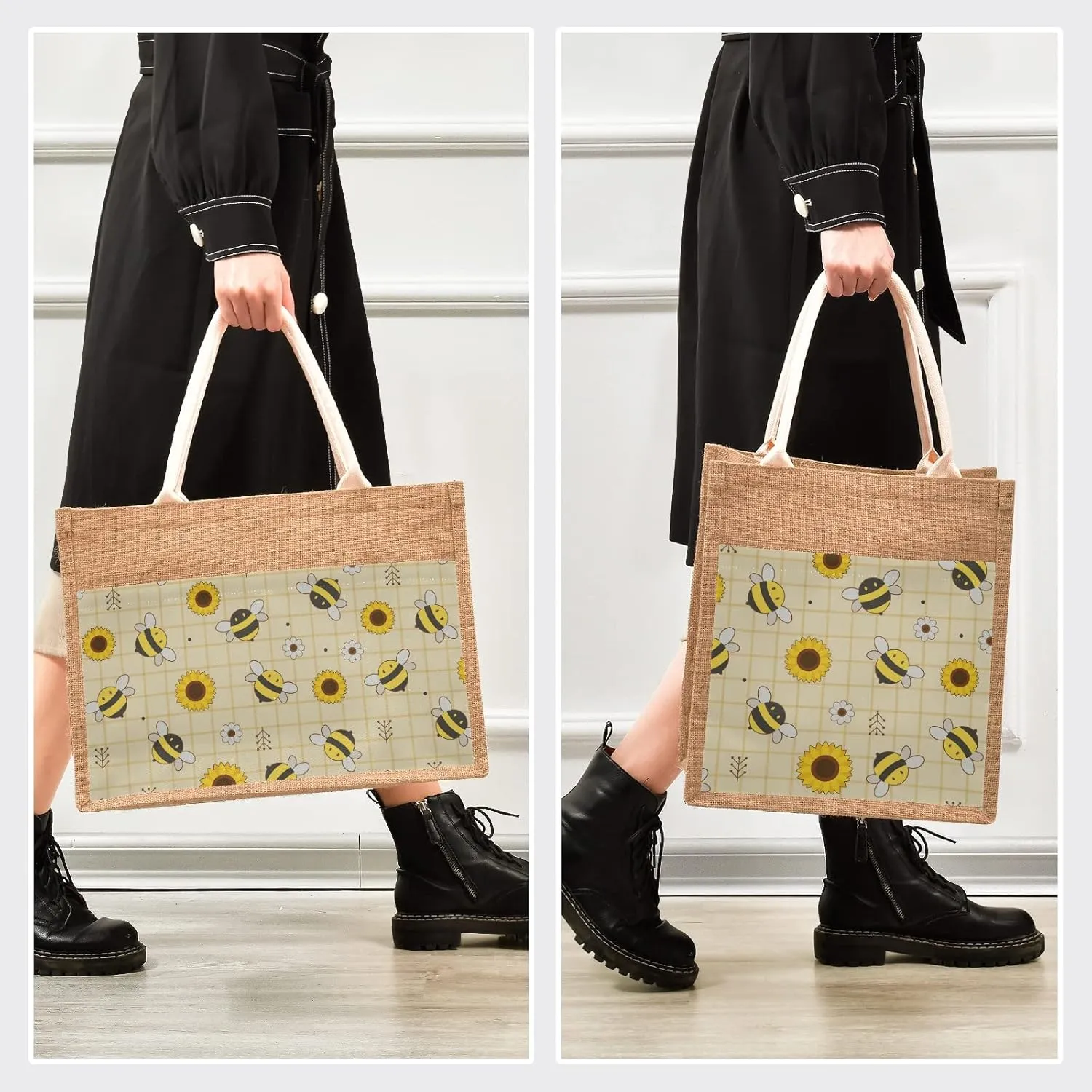 Catuku Cute Bee Sunflower Flower Jute Tote Bags with Handles & Zipper Flowers Canvas Pocket Shopping Grocery Bags for Travel Picnic 13" x 14