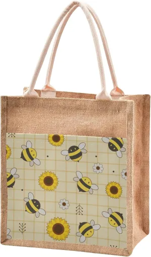 Catuku Cute Bee Sunflower Flower Jute Tote Bags with Handles & Zipper Flowers Canvas Pocket Shopping Grocery Bags for Travel Picnic 13" x 14