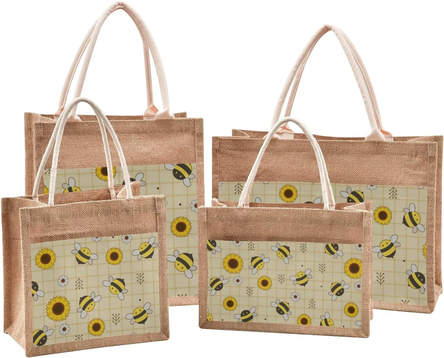 Catuku Cute Bee Sunflower Flower Jute Tote Bags with Handles & Zipper Flowers Canvas Pocket Shopping Grocery Bags for Travel Picnic 13" x 14