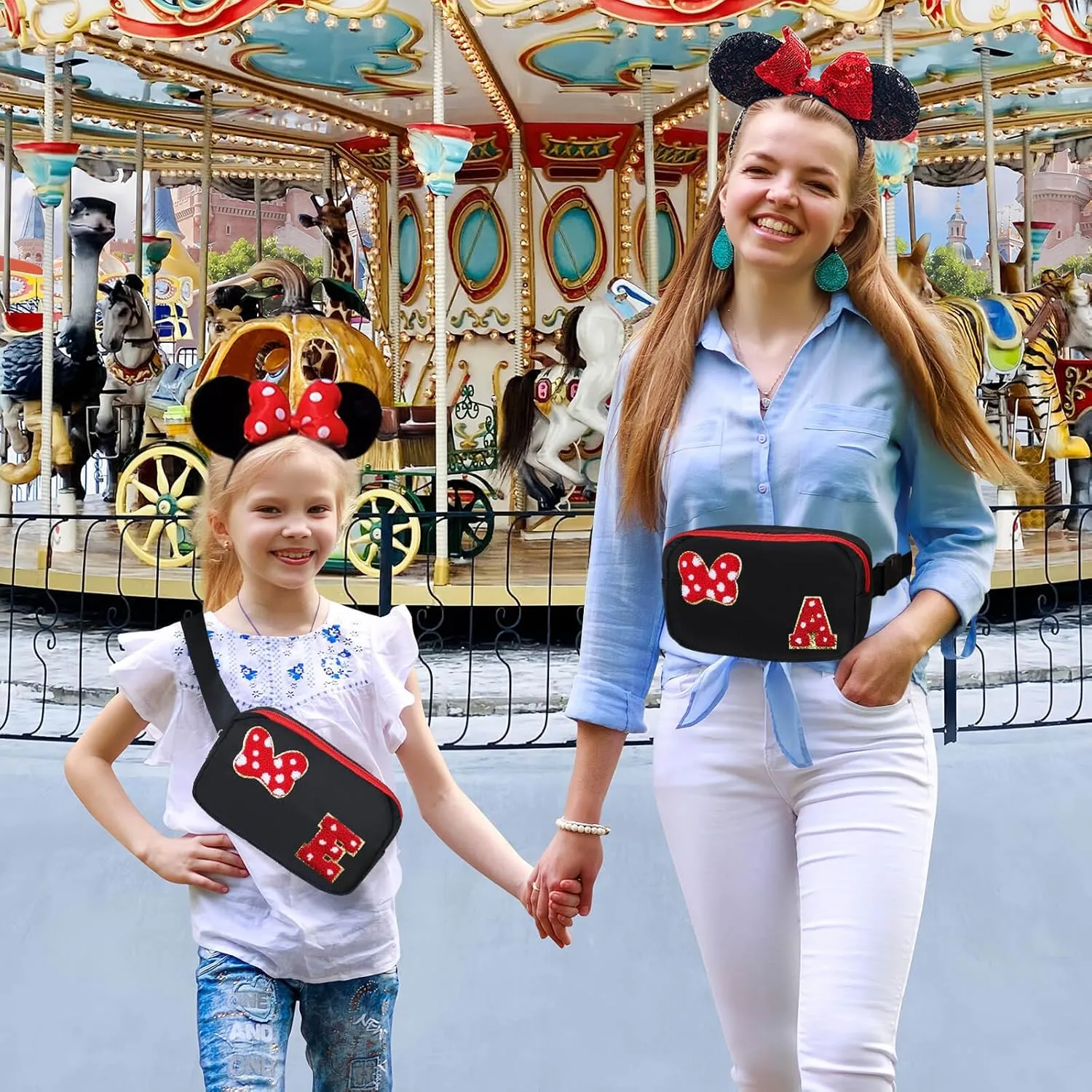 Chenille Initial Letter Bow Mouse Fanny Pack, Waterproof Park Crossbody Bag Christmas Birthday Gifts for Teen Girls Daughter Women Kids Adults, Cute Belt Bag Must Haves for Park Travel (A, Black)