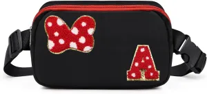 Chenille Initial Letter Bow Mouse Fanny Pack, Waterproof Park Crossbody Bag Christmas Birthday Gifts for Teen Girls Daughter Women Kids Adults, Cute Belt Bag Must Haves for Park Travel (A, Black)