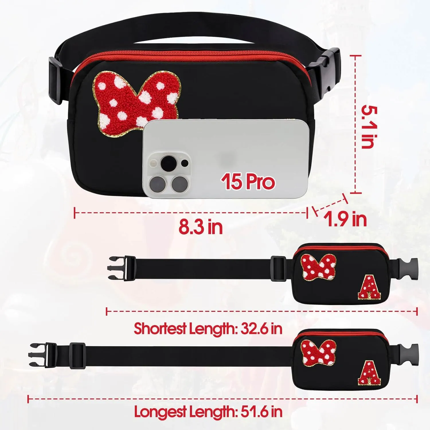 Chenille Initial Letter Bow Mouse Fanny Pack, Waterproof Park Crossbody Bag Christmas Birthday Gifts for Teen Girls Daughter Women Kids Adults, Cute Belt Bag Must Haves for Park Travel (A, Black)