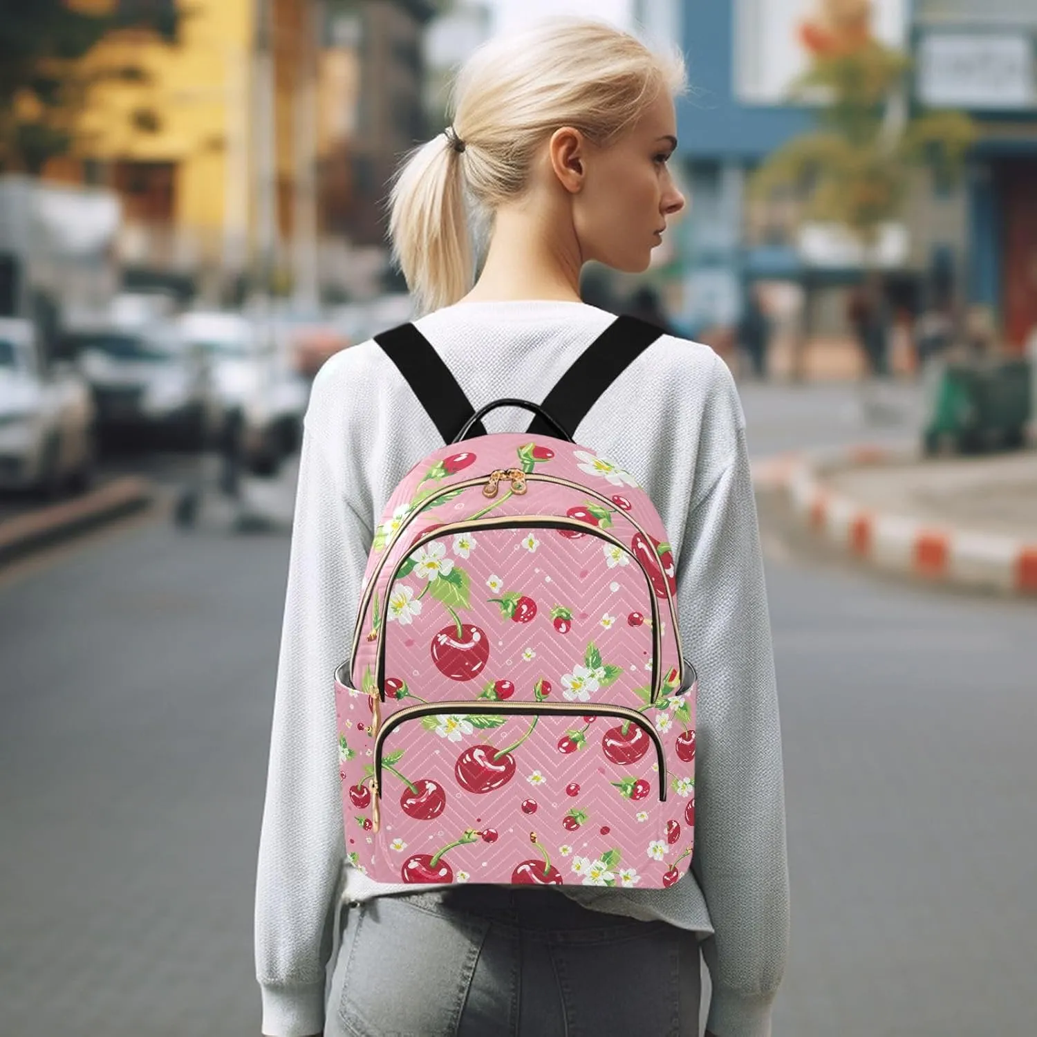 Cherries Flower Pink Mini Backpack Purse for Women Shoulder Bag Fashion Daypack Ladies Handbag Lightweight Travel Bag Rucksack