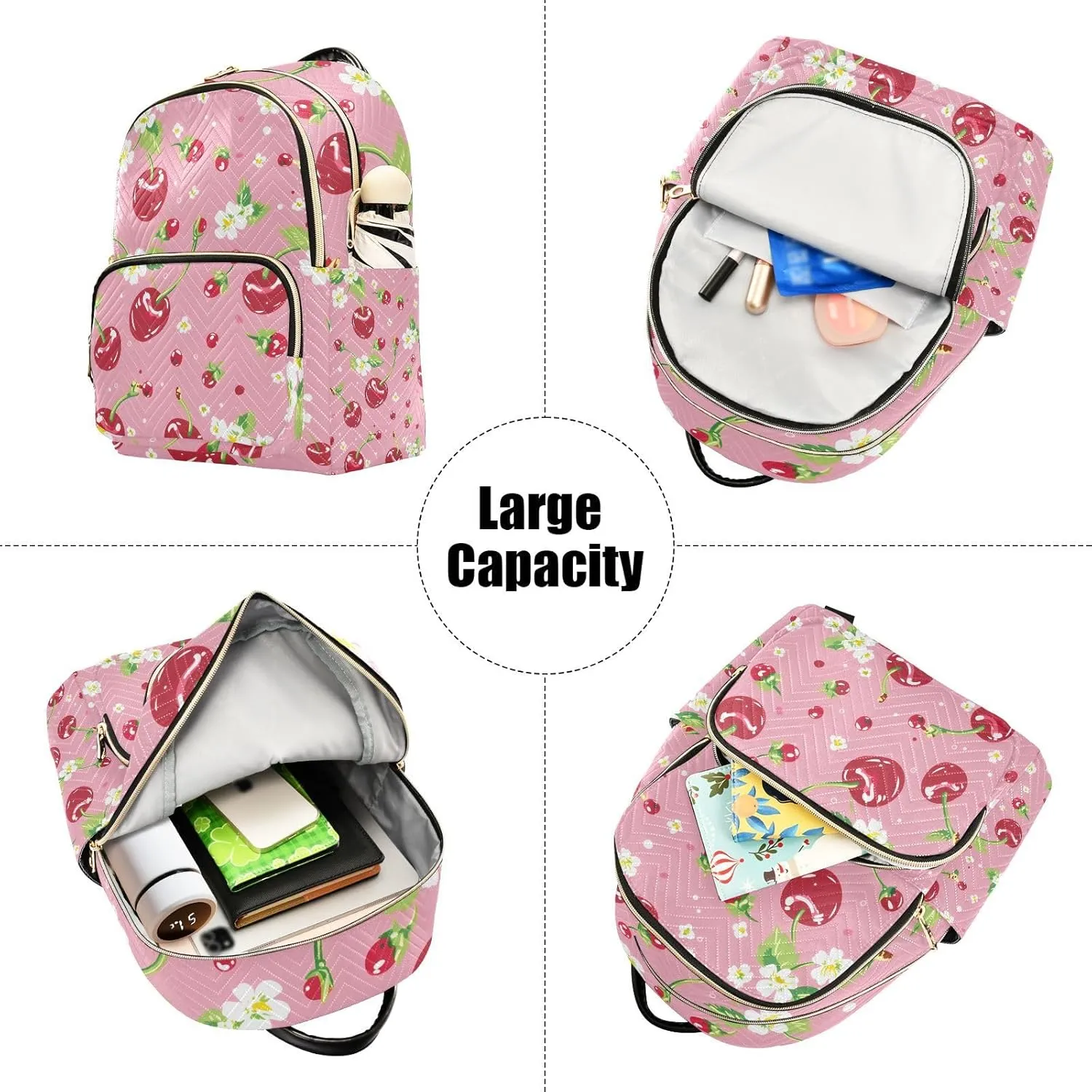 Cherries Flower Pink Mini Backpack Purse for Women Shoulder Bag Fashion Daypack Ladies Handbag Lightweight Travel Bag Rucksack