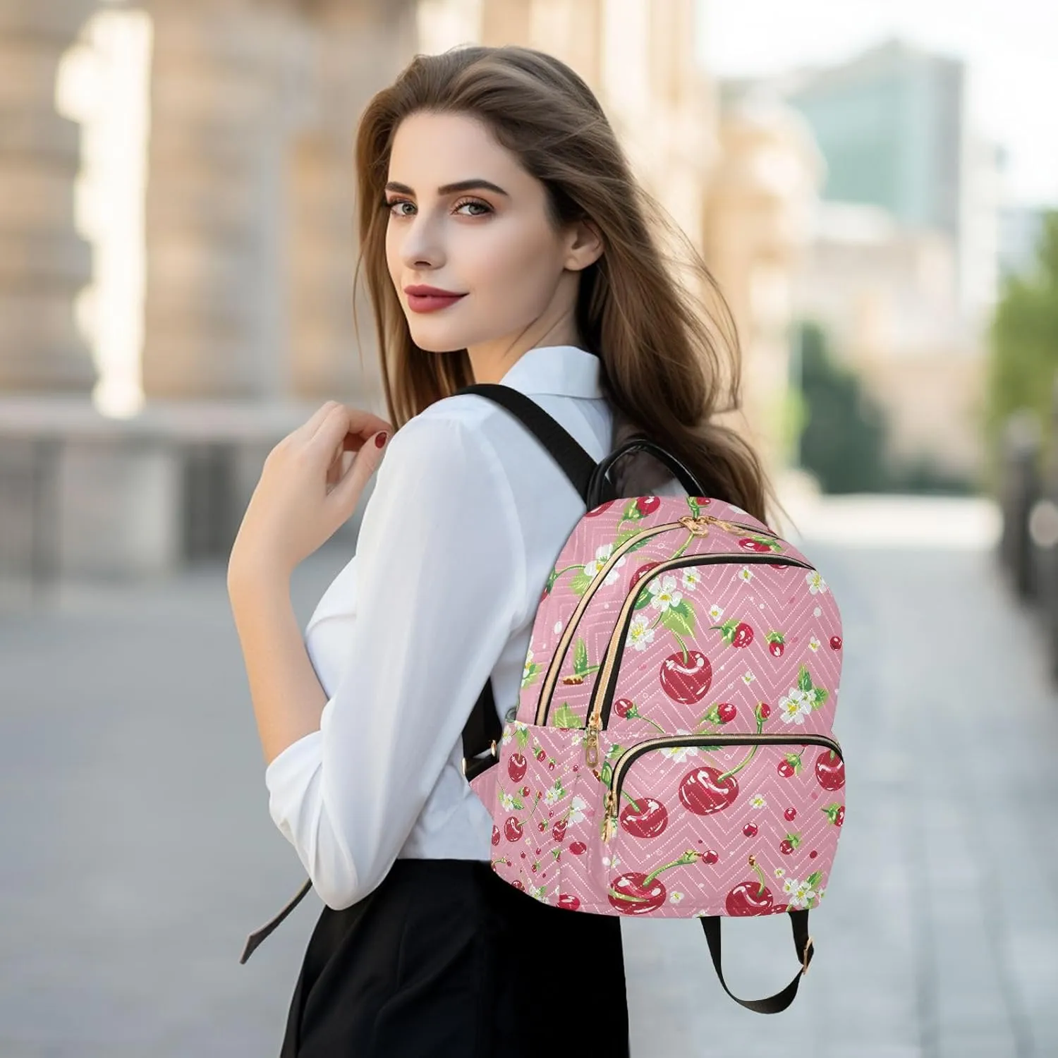 Cherries Flower Pink Mini Backpack Purse for Women Shoulder Bag Fashion Daypack Ladies Handbag Lightweight Travel Bag Rucksack