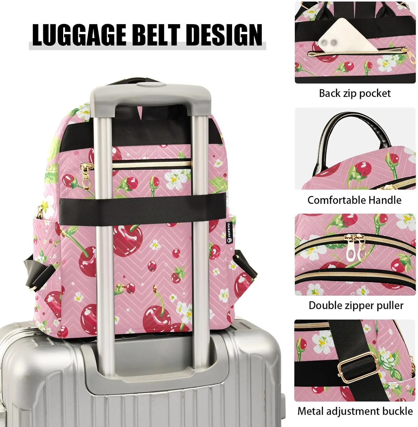 Cherries Flower Pink Mini Backpack Purse for Women Shoulder Bag Fashion Daypack Ladies Handbag Lightweight Travel Bag Rucksack