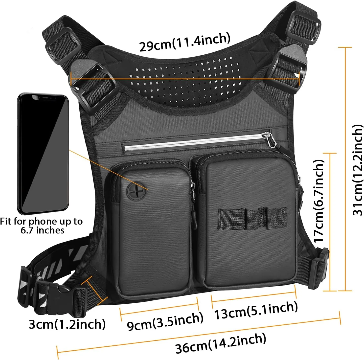 Chest Bag for Men, Waterproof Sports Utility Chest Pack with Water Bottle Holder&Phone Holder, Lightweight&Adjustable EDC Sports Chest Bag for Workout Running Fishing Cycling Hiking Skiing