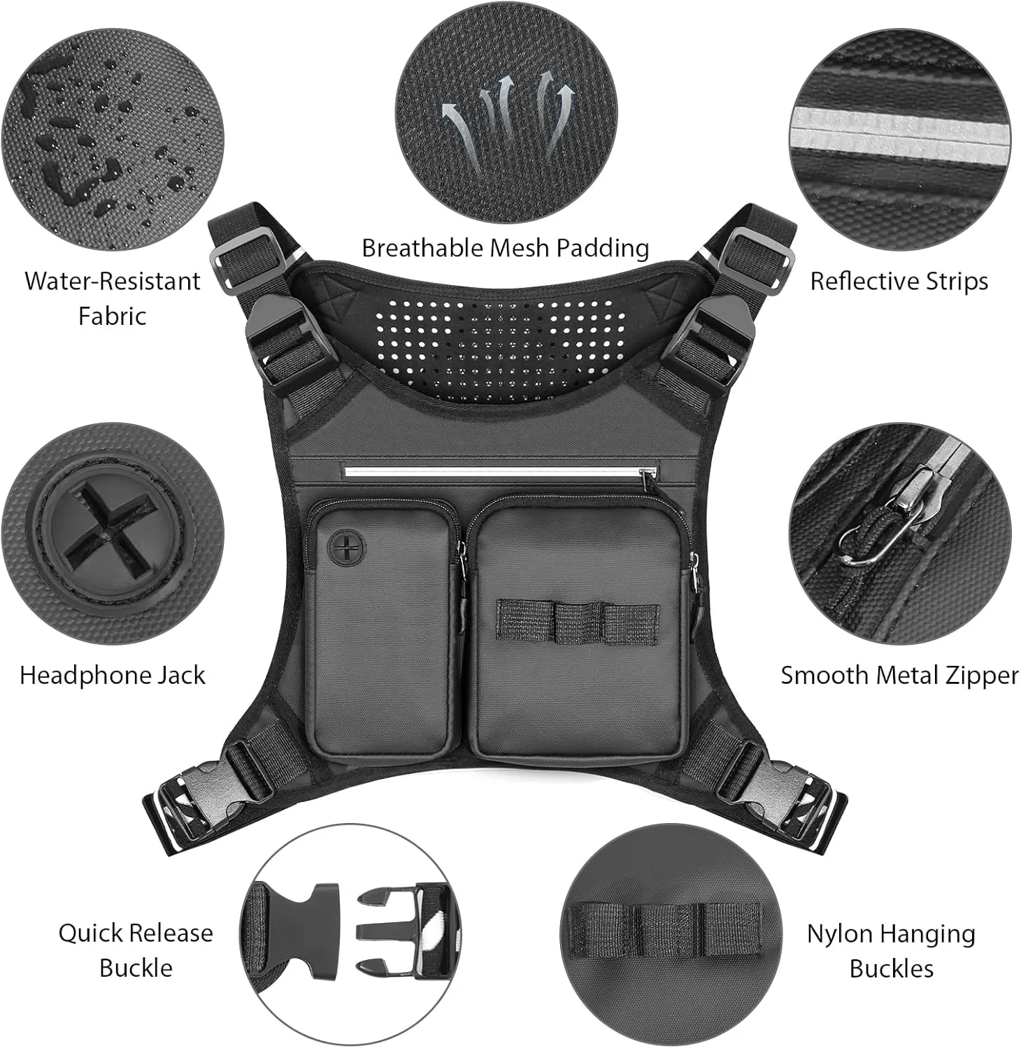 Chest Bag for Men, Waterproof Sports Utility Chest Pack with Water Bottle Holder&Phone Holder, Lightweight&Adjustable EDC Sports Chest Bag for Workout Running Fishing Cycling Hiking Skiing