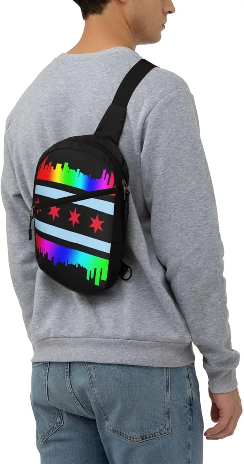 Chicago Gay LGBT Pride Rainbow Flags Crossbody Bag Portable Sling Bags Foldable Chest Daypack Reusable Sports Shoulder Backpack Diagonally Casual Rucksack Travel Bag