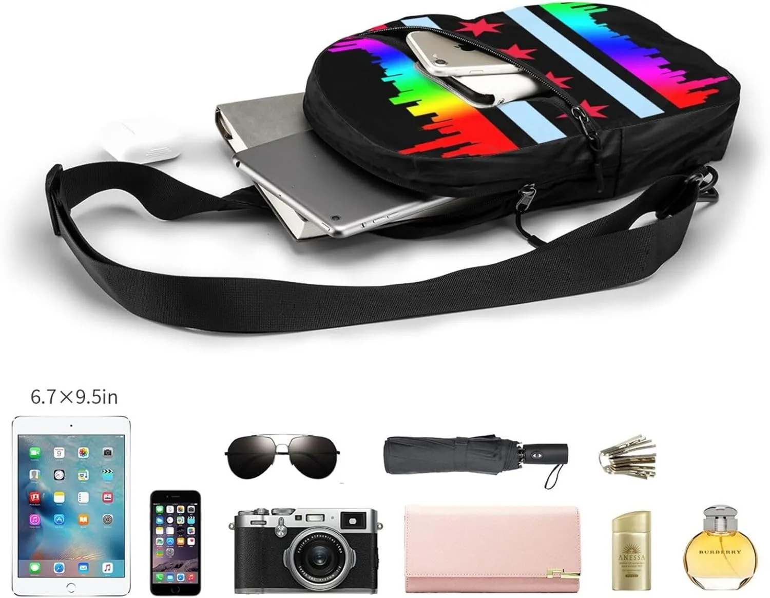 Chicago Gay LGBT Pride Rainbow Flags Crossbody Bag Portable Sling Bags Foldable Chest Daypack Reusable Sports Shoulder Backpack Diagonally Casual Rucksack Travel Bag