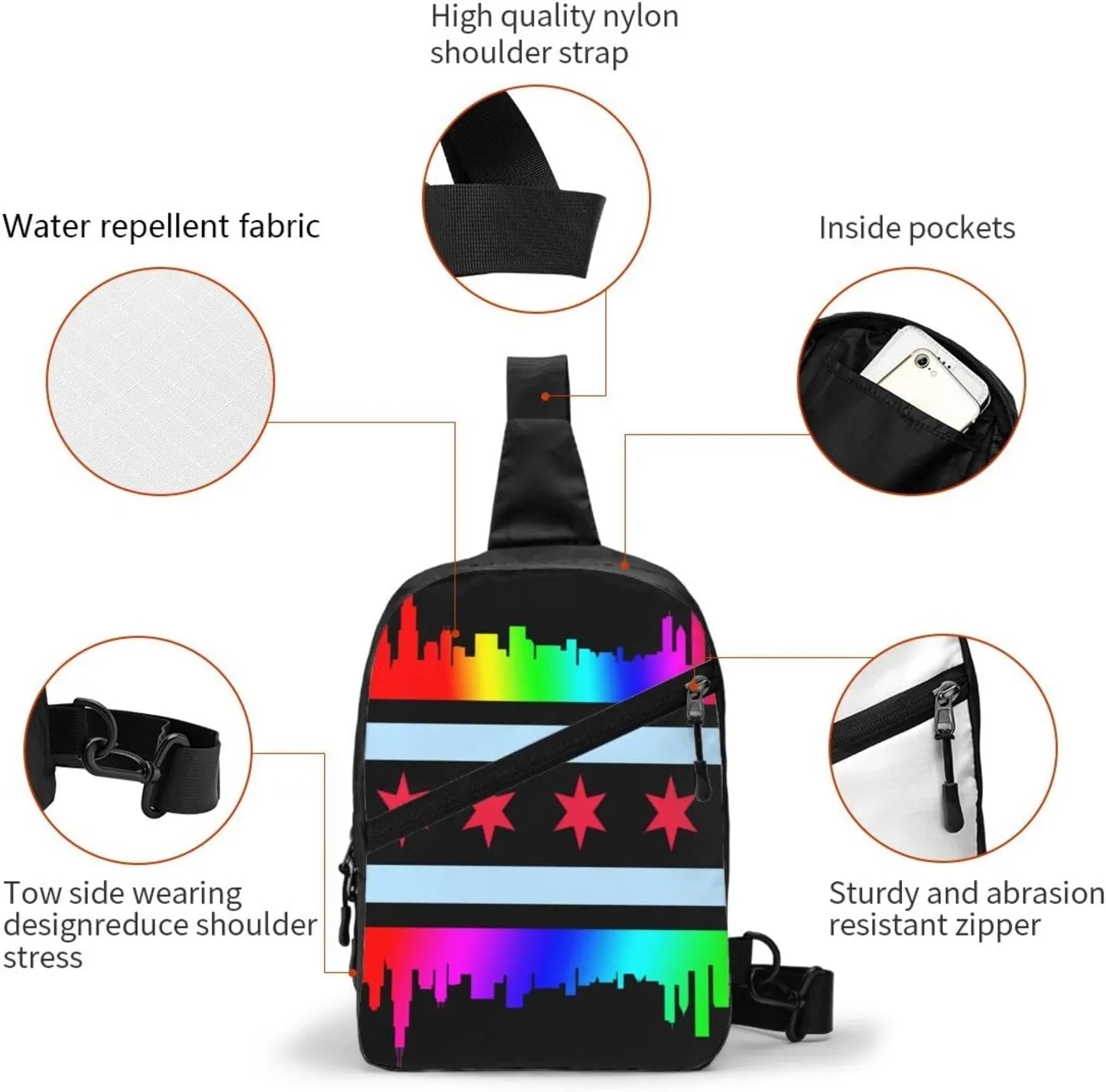 Chicago Gay LGBT Pride Rainbow Flags Crossbody Bag Portable Sling Bags Foldable Chest Daypack Reusable Sports Shoulder Backpack Diagonally Casual Rucksack Travel Bag