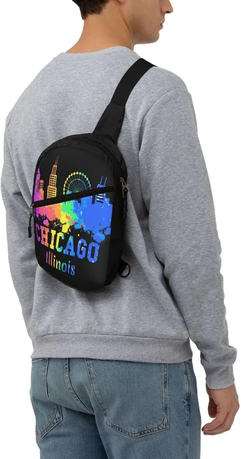 Chicago Illinois Watercolor City Skyline Crossbody Bag Portable Sling Bags Foldable Chest Daypack Reusable Sports Shoulder Backpack Diagonally Casual Rucksack Travel Bag