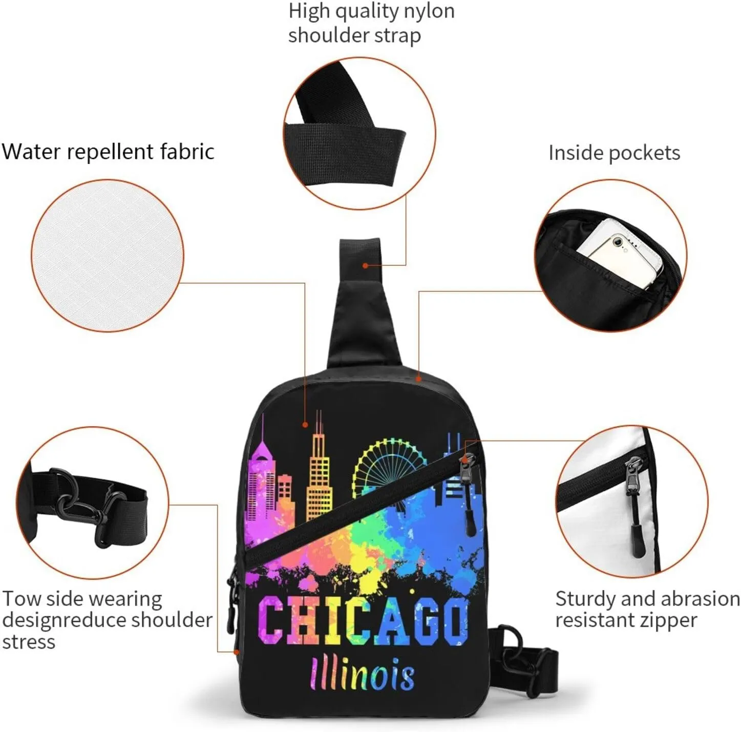 Chicago Illinois Watercolor City Skyline Crossbody Bag Portable Sling Bags Foldable Chest Daypack Reusable Sports Shoulder Backpack Diagonally Casual Rucksack Travel Bag
