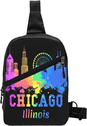 Chicago Illinois Watercolor City Skyline Crossbody Bag Portable Sling Bags Foldable Chest Daypack Reusable Sports Shoulder Backpack Diagonally Casual Rucksack Travel Bag