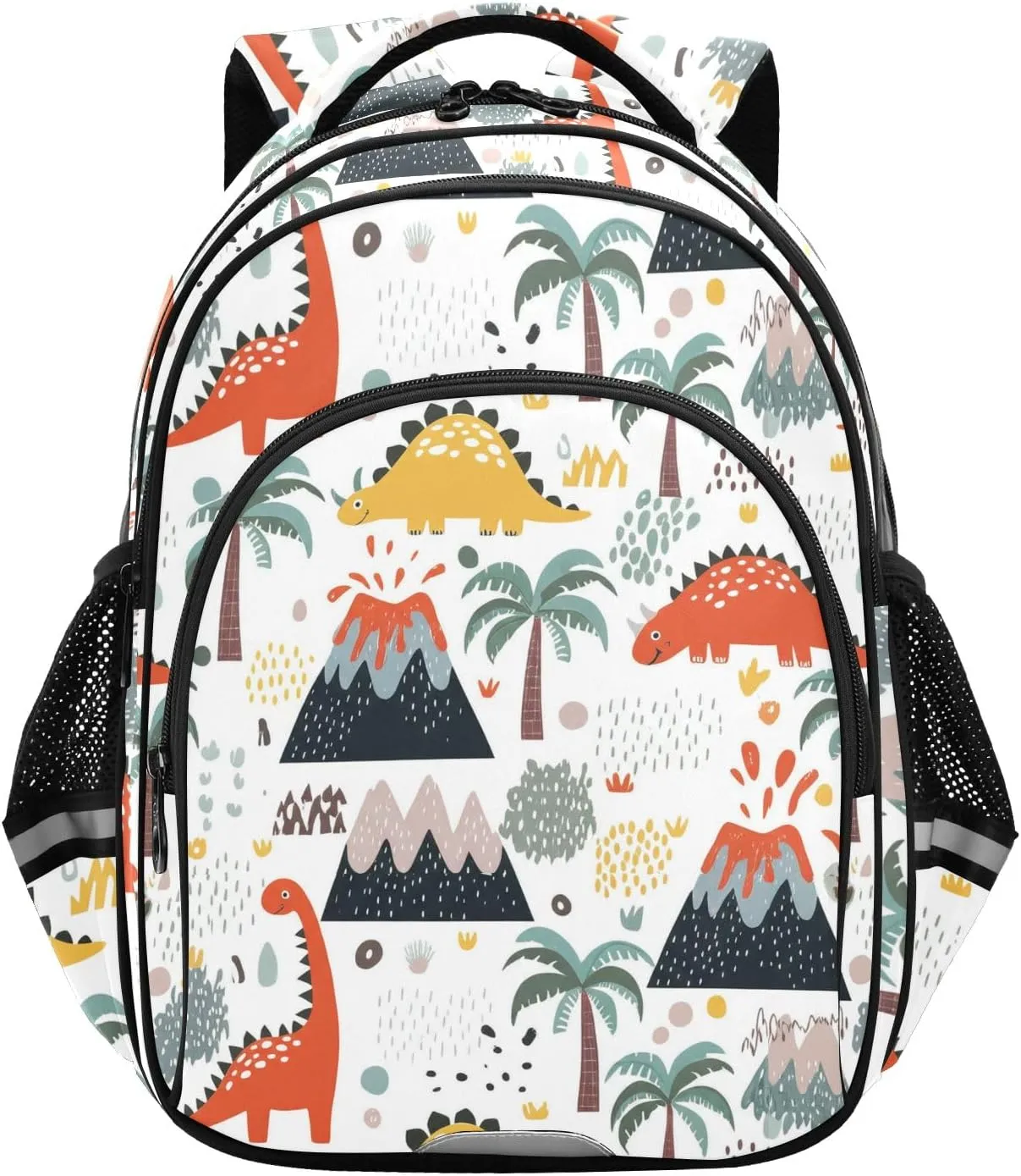 CHIFIGNO Cute Cartoon Dinosaurs White School Backpack with Reflective Stripes Boys Girls Bookbag Kids Hiking Backpack