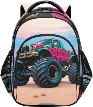 CHIFIGNO Kids Backpack for School Travel Bookbag Boys Girls Kids Hiking Backpack with Reflective Stripes, Cool Monster Truck