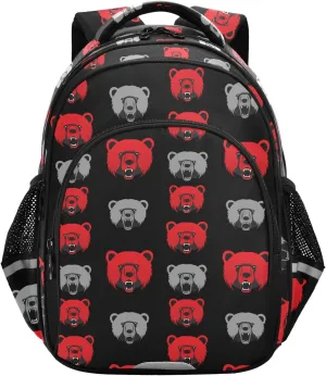 CHIFIGNO Kids School Backpack, Red Gray Bear Head Black Travel Laptop Bookbag Child Backpack School Bags with Reflective Stripes