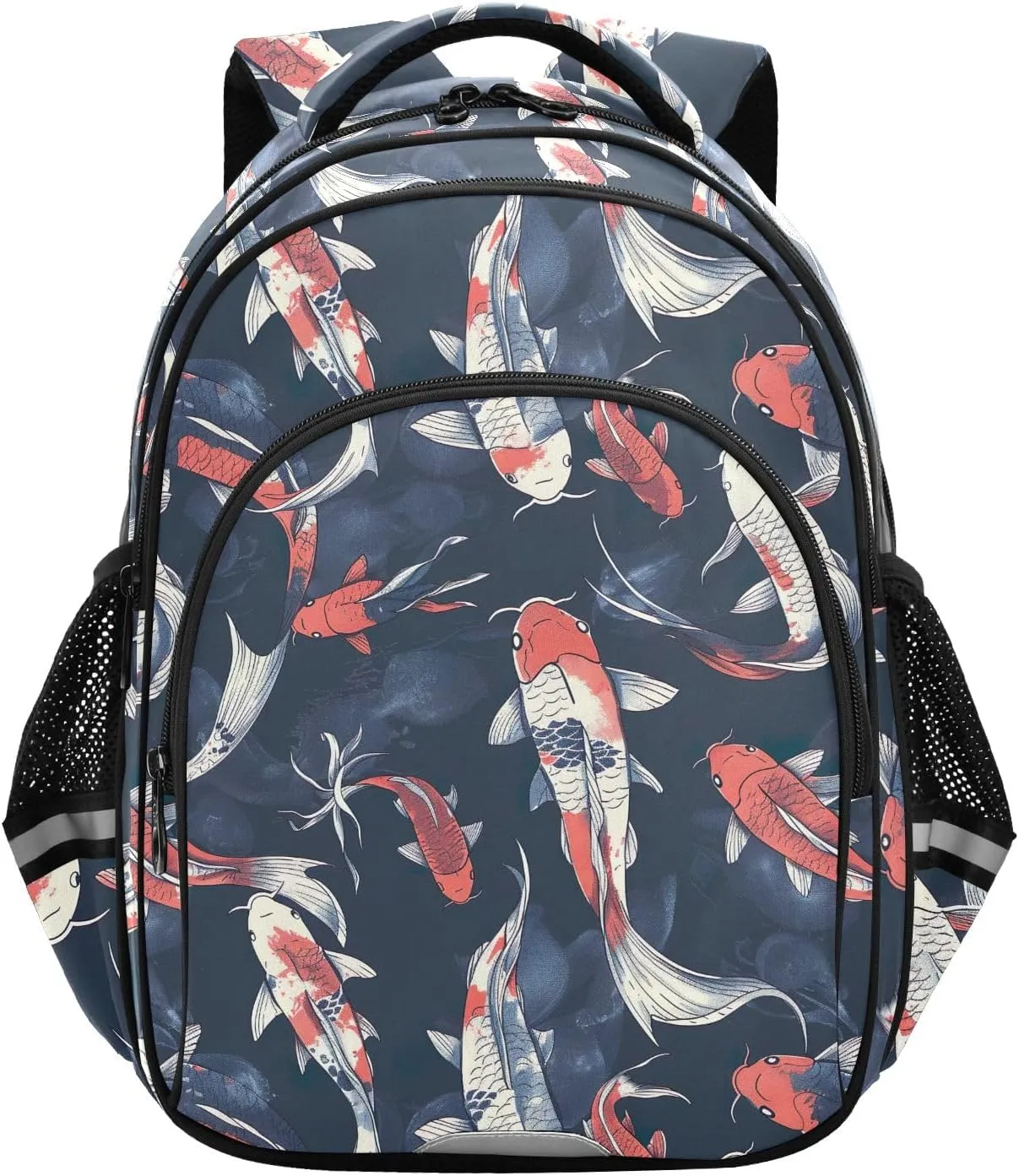 CHIFIGNO Watercolor Dark Blue Red Fish Kids Backpack for School Book Bag for Girls Boys Lightweight Student Backpack with Reflective Stripes