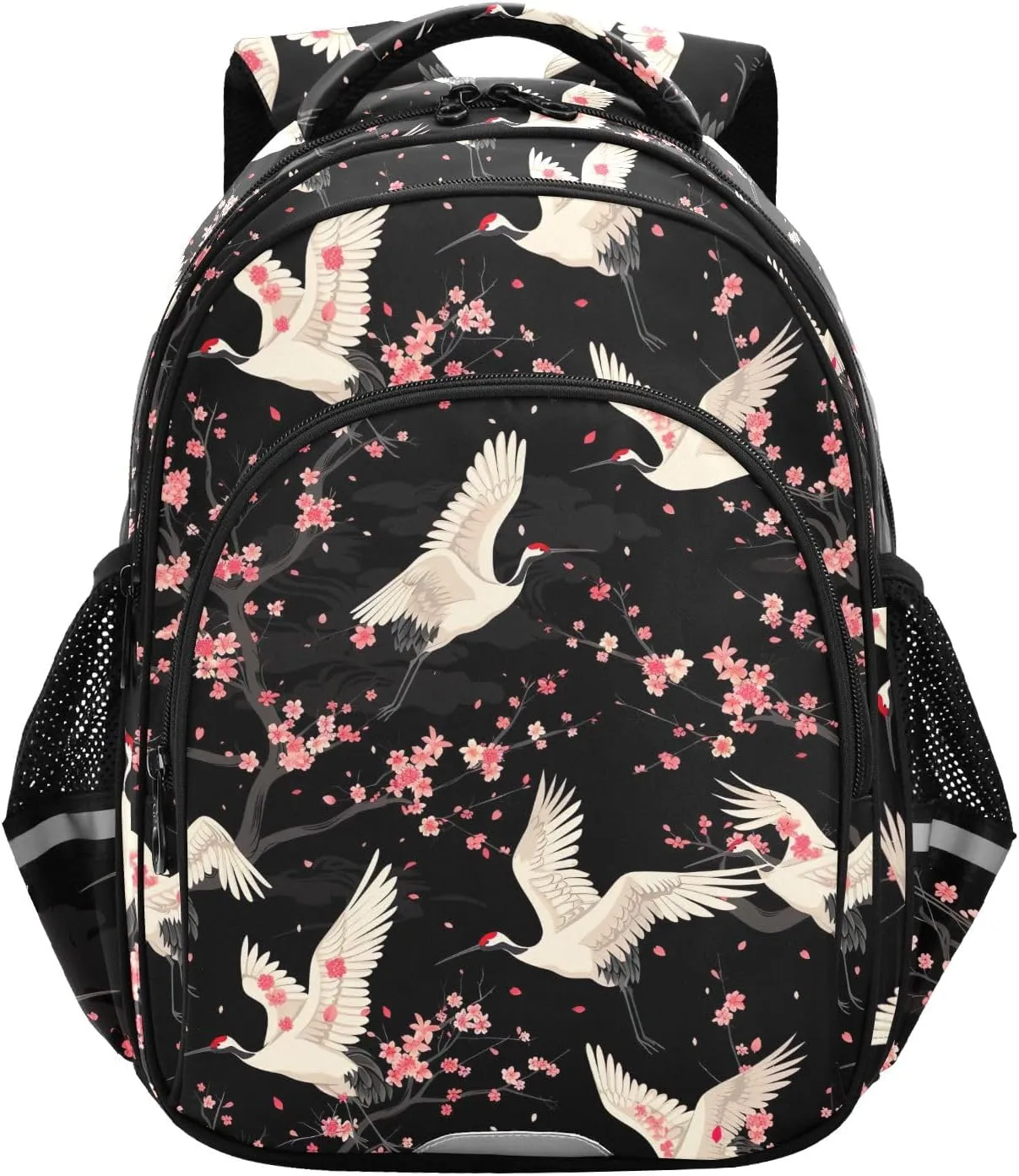 CHIFIGNO White Cranes Pink Cherry Blossoms Backpack for School with Reflective Stripes Travel Laptop Bookbag Child Backpack School Bags